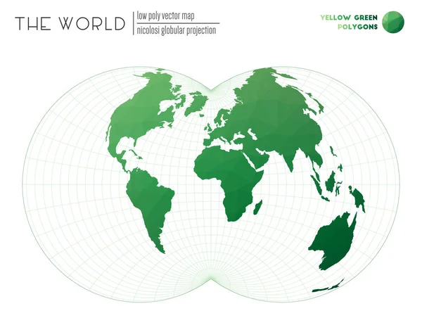 Vectorkaart Van Wereld Nicolosi Bolvormige Projectie Van Wereld Geel Groen — Stockvector