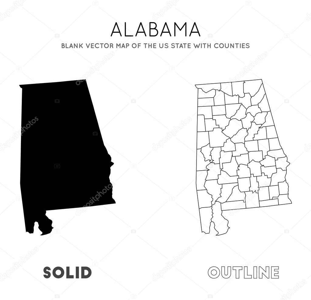 Alabama map. Blank vector map of the Us State with counties. Borders of Alabama for your infographic. Vector illustration.