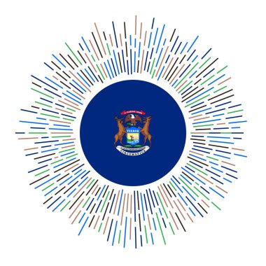 Michigan sign Us state flag with colorful rays Radiant sunburst with Michigan flag Vector