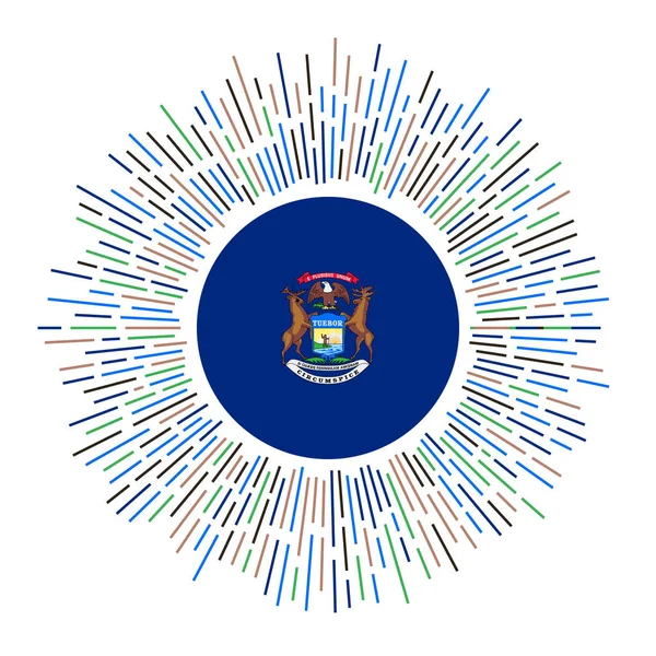 Michigan sign Us state flag with colorful rays Radiant sunburst with Michigan flag Vector