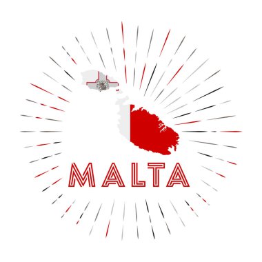 Malta güneş patlaması rozeti. Malta bayrağının olduğu ada işareti. Etrafında renkli ışınlar var.