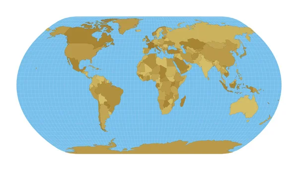 Mapa světa Projekce přírodní Země Mapa světa s poledníky na modrém pozadí Vektor — Stockový vektor