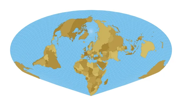Mapa del mundo Allen K Philbricks SinuProyección de Mollweide Mapa del mundo con meridianos sobre azul — Vector de stock