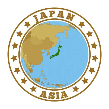 Japonya 'nın dünya bağlamında Japonya haritalı yuvarlak ülke logosu damgalı ülke etiketi