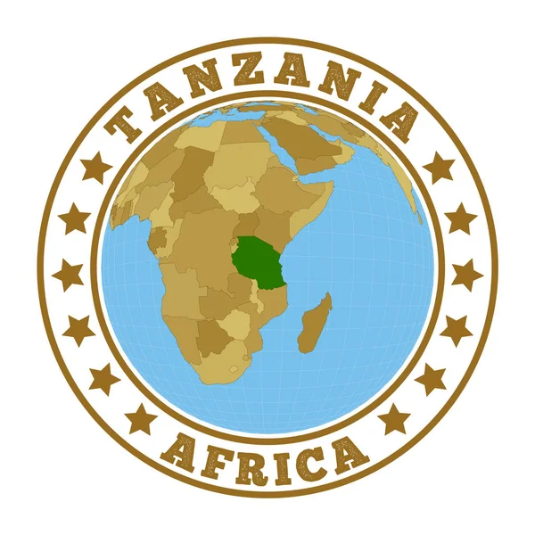Logotipo Tanzania Insignia redonda del país con mapa de Tanzania en el contexto mundial Sello de etiqueta adhesiva del país — Vector de stock