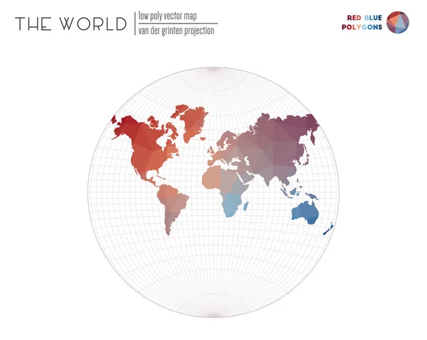Polygonale wereldkaart Van der Grinten projectie van de wereld Rood Blauw gekleurde polygonen — Stockvector
