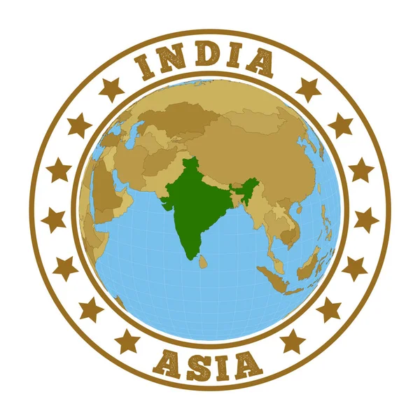 Indien logotyp Rund märke av land med karta över Indien i världen sammanhang Land dekal stämpel med — Stock vektor