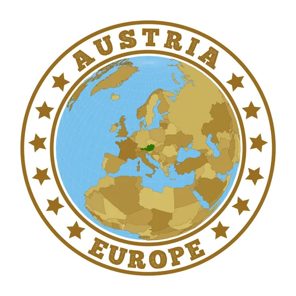 Logotipo de Austria Insignia redonda del país con mapa de Austria en el contexto mundial Sello de etiqueta engomada del país — Vector de stock