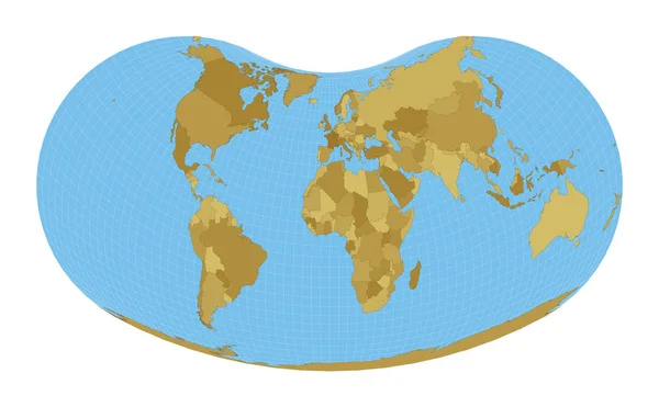 Mapa Mundial Colina projeção eucíclica Mapa do mundo com meridianos sobre fundo azul Vetor — Vetor de Stock