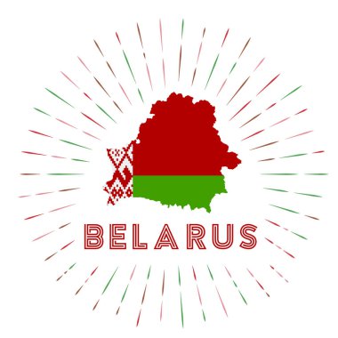 Belarus güneş patlaması rozeti. Belarus haritalı Belarus bayrağı. Logonun etrafına renkli ışınlar. Vektör illüstrasyonu.