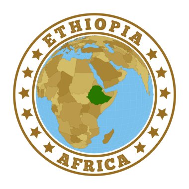 Etiyopya logosu. Etiyopya 'nın dünya bağlamında haritası olan ülke rozeti. Ülke etiketi.