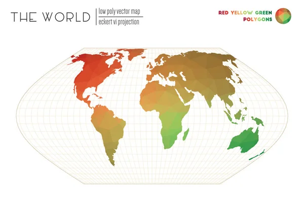 Mapa do mundo poligonal Eckert VI projecção do mundo Vermelho Amarelo Verde polígonos coloridos Tendência — Vetor de Stock