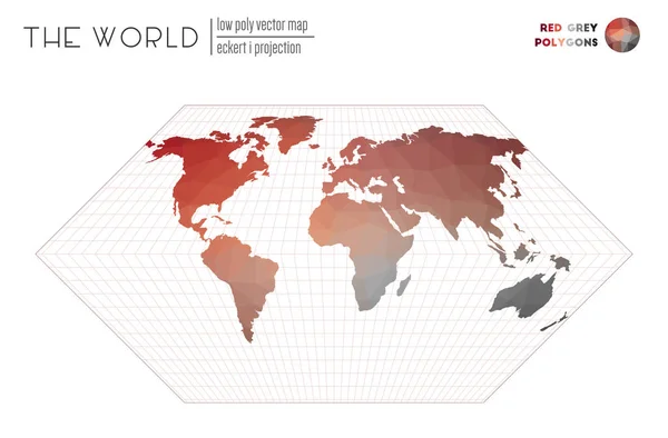 Abstract geometrische wereldkaart Eckert I projectie van de wereld Rood Grijs gekleurde polygonen Trending — Stockvector