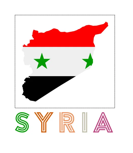 Siria Logo Mapa de Siria con el nombre del país y la bandera Neat vector illustration — Vector de stock