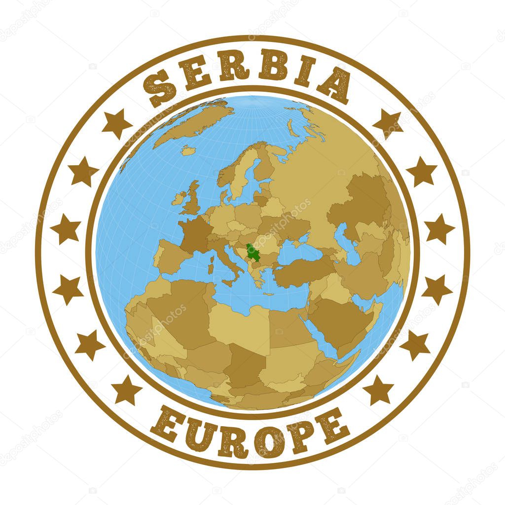 Serbia logo Round badge of country with map of Serbia in world context Country sticker stamp with
