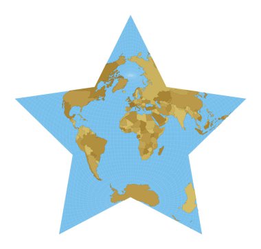 Dünya Haritası Berghaus yıldız projeksiyon haritası mavi arkaplan vektöründe meridyenlerle