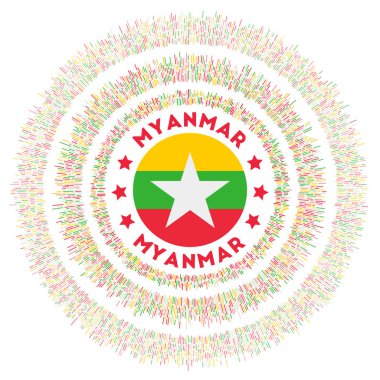 Myanmar sembolü Myanmar bayrağı Myanmar bayrağı ile birlikte renkli ışınlar saçan parlak güneş ışığı