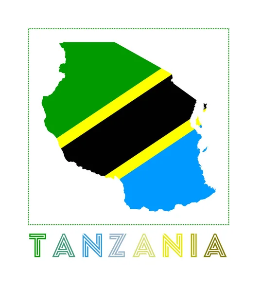 Tanzania Logo Mapa de Tanzania con el nombre del país y la bandera Atractiva ilustración vectorial — Vector de stock