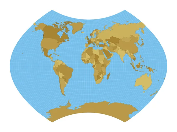 Mapa świata Ginzburg Ix projekcja Mapa świata z meridianami na niebieskim tle Wektor — Wektor stockowy