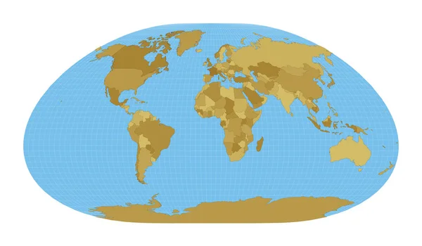 Mappa del mondo Proiezione ossimutale Mappa del mondo con meridiani su sfondo blu Vettore — Vettoriale Stock