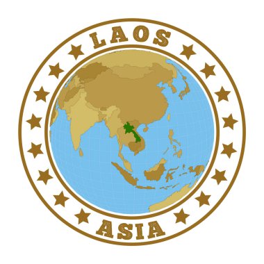Laos 'un dünya bağlamında Laos haritası olan yuvarlak ülke logosu rozeti ile ülke etiketi