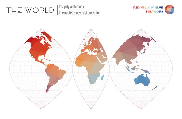Mappa del mondo in stile poligonale Proiezione sinusoidale interrotta del mondo Rosso Giallo Blu — Vettoriale Stock