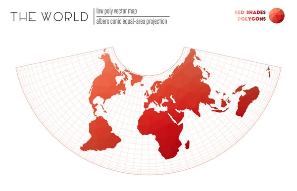 Wereldkaart met levendige driehoeken Albers conic equalarea projectie van de wereld Red Shades — Stockvector
