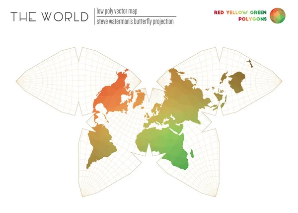 Wereldkaart in veelhoekige stijl Steve Watermans vlinder projectie van de wereld Rood Geel Groen — Stockvector