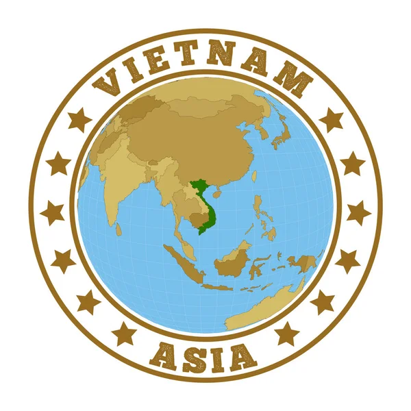 Logo du Vietnam Insigne rond du pays avec carte du Vietnam dans le contexte mondial Timbre autocollant du pays — Image vectorielle