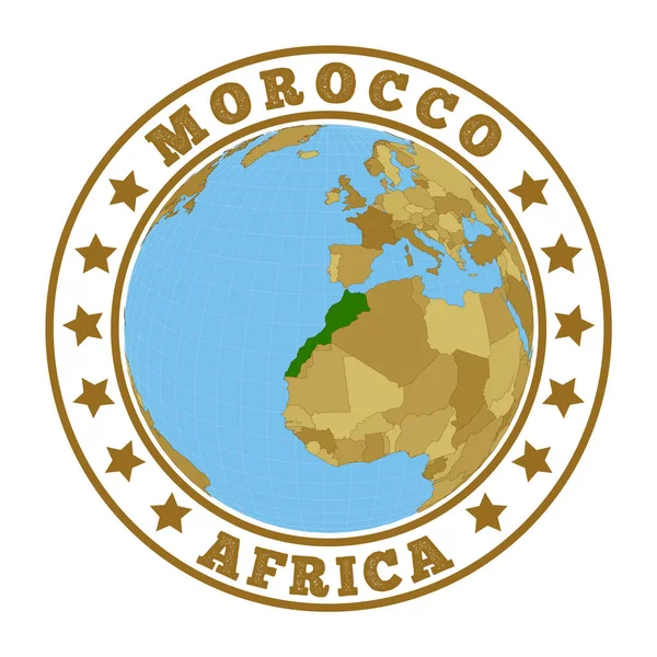 Logo Maroka Okrągła odznaka kraju z mapą Maroka w kontekście światowym — Wektor stockowy