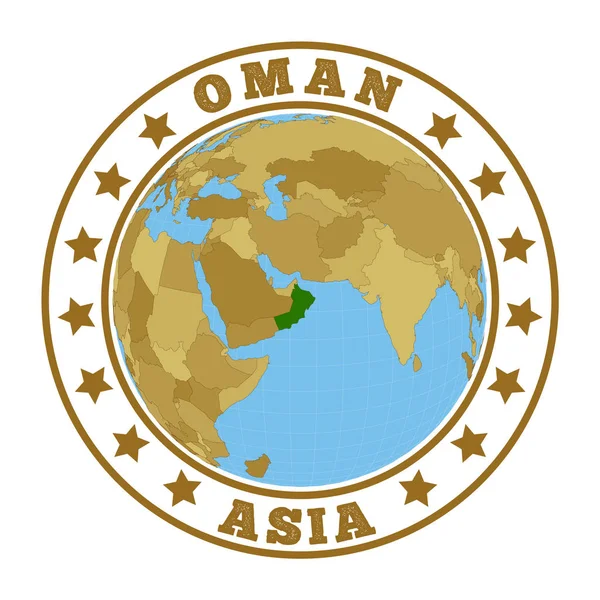 Logotipo de Omán Insignia redonda del país con mapa de Omán en el contexto mundial Sello de etiqueta con — Vector de stock