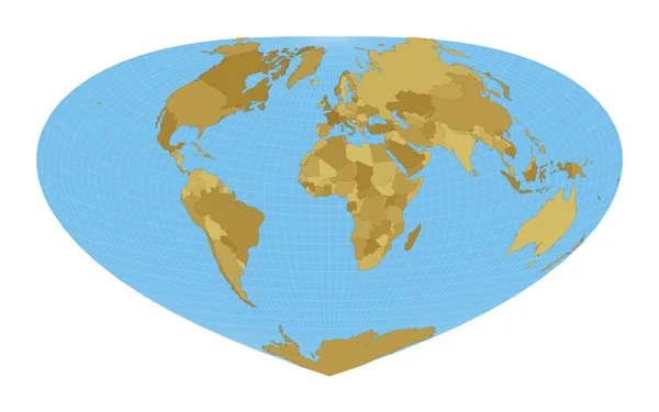 Mapa del mundo Proyección de Bottomley Mapa del mundo con meridianos sobre fondo azul Vector — Archivo Imágenes Vectoriales