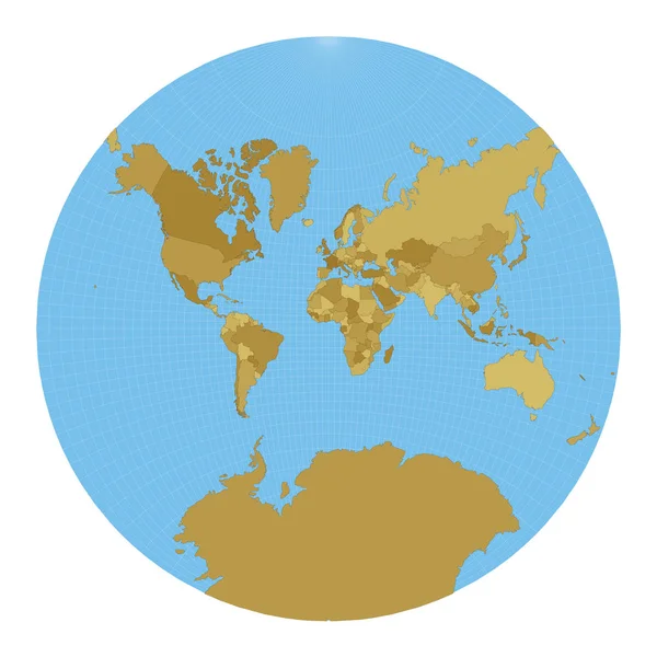 Weltkarte hinkt konforme Projektionskarte der Welt mit Meridianen auf blauem Hintergrund Vektor — Stockvektor