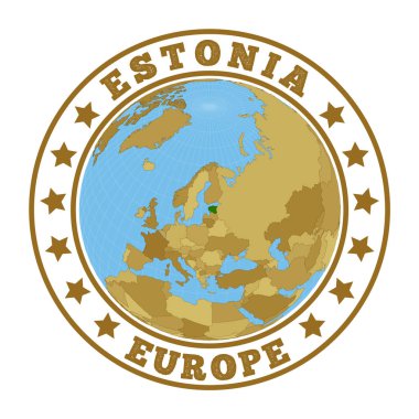 Estonya Logo Yuvarlak Rozeti ve dünya bağlamında Estonya haritası ülke çıkartması damgası