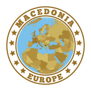 Macedonia logo Round badge of country with map of Macedonia in world context Country sticker stamp