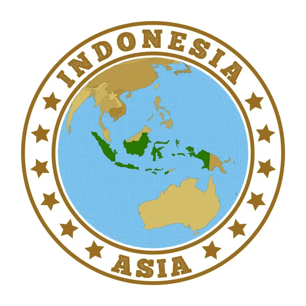 Indonézia logó Ország kerek jelvénye Indonézia térképével a világ kontextusában Ország matrica bélyeg — Stock Vector