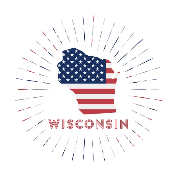 Wisconsin sunburst odznak USA s mapou Wisconsinu s americkou vlajkou Barevné paprsky — Stockový vektor