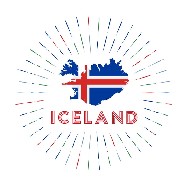 Islandia sunburst badge El cartel del país con el mapa de Islandia con la bandera de Islandia Rayos de colores — Archivo Imágenes Vectoriales