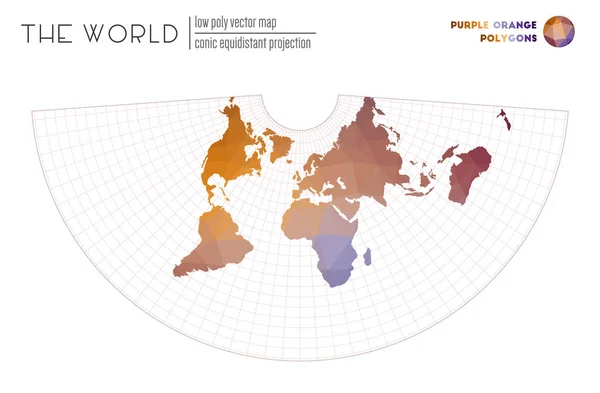 Карта світу з яскравими трикутниками Конічна рівновіддалена проекція світу Фіолетовий помаранчевий колір — стоковий вектор