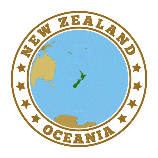 Logotipo da Nova Zelândia Emblema redondo do país com mapa da Nova Zelândia no contexto mundial Adesivo do país —  Vetores de Stock