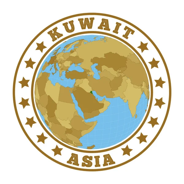 Kuwait-Logo rundes Abzeichen des Landes mit Karte von Kuwait im Weltkontext Länderaufkleberstempel mit — Stockvektor