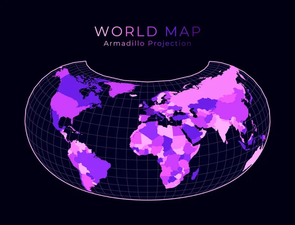 世界地图阿玛迪略投影数字世界描绘黑暗中明亮的粉红色霓虹灯色 — 图库矢量图片