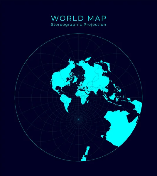 Map of The World Stereographic Futuristic Infographic world illustration Bright cyan colors on