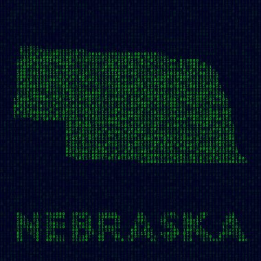 Digital Nebraska logo US state symbol in hacker style Binary code map of Nebraska with US state