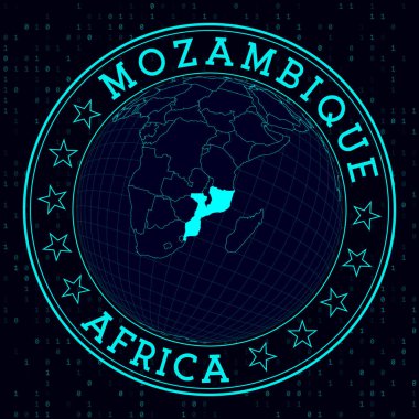 Mozambik yuvarlak işareti. Mozambik 'in merkezindeki dünyanın gelecekteki uydu görüntüsü. Haritalı ülke rozeti, yuvarlak metin ve ikili arkaplan. Tarz vektör illüstrasyonu.