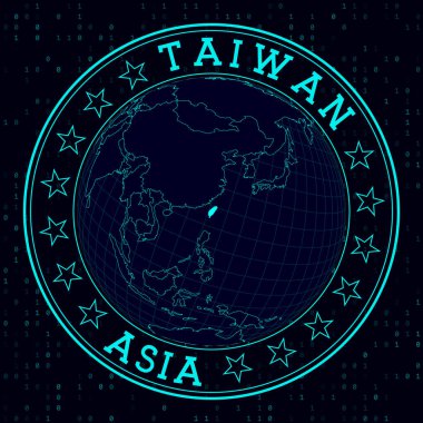 Tayvan yuvarlak tabelası. Tayvan 'a odaklı gelecekçi uydu görüşü. Haritalı ülke rozeti, yuvarlak metin ve ikili arkaplan. Güzel vektör illüstrasyonu.
