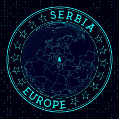 Sırbistan, haritalı Sırbistan Ülke rozeti merkezli dünyaya ilişkin Futuristik uydu görüşünü yuvarlak tabela şeklinde imzaladı