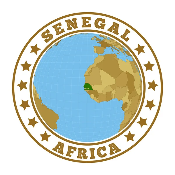 Сенегальський логотип Круглий значок країни з картою Сенегалу в світовому контексті Державна марка наклейки — стоковий вектор