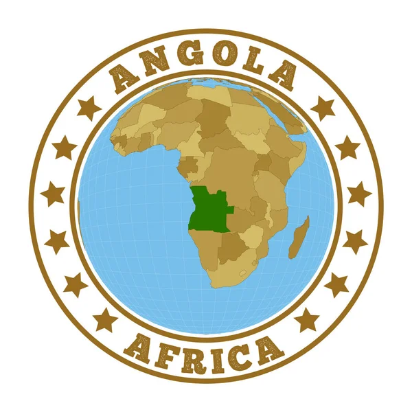 Angola logo Stemma rotondo del paese con mappa di Angola nel contesto mondiale — Vettoriale Stock