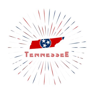 Tennessee güneş patlaması rozeti. Eyalet bayrağıyla Tennessee haritası olan ABD eyaleti işareti. Logonun etrafına renkli ışınlar. Vektör illüstrasyonu.